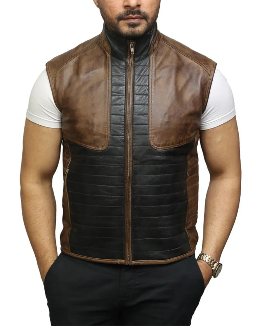 Mens Brown and Black Padded Erect Collar Leather Vest