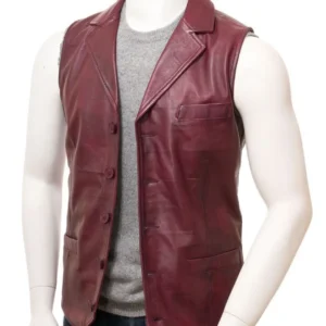 Mens Buttoned Front Burgundy Leather Vest