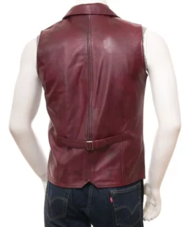 Mens Buttoned Front Burgundy Leather Vest Back