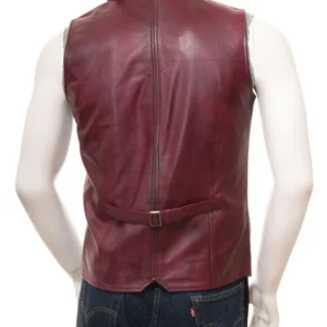 Mens Buttoned Front Burgundy Leather Vest Back