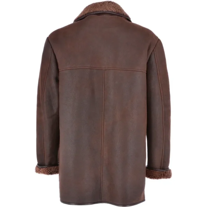Mens Buttoned Front Notch Brown Shearling Jacket Back