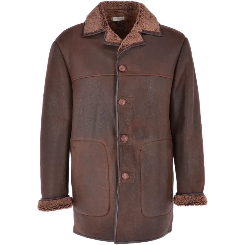 Mens Buttoned Front Notch Brown Shearling Jacket