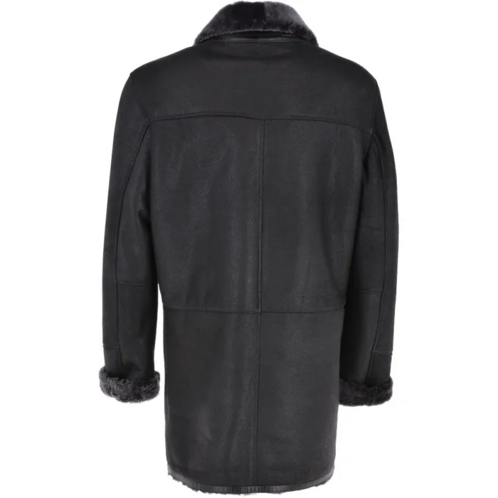 Mens Charcoal Black Fur Lined Leather Coat Back