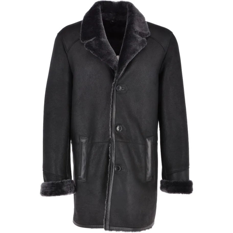 Mens Charcoal Black Fur Lined Leather Coat