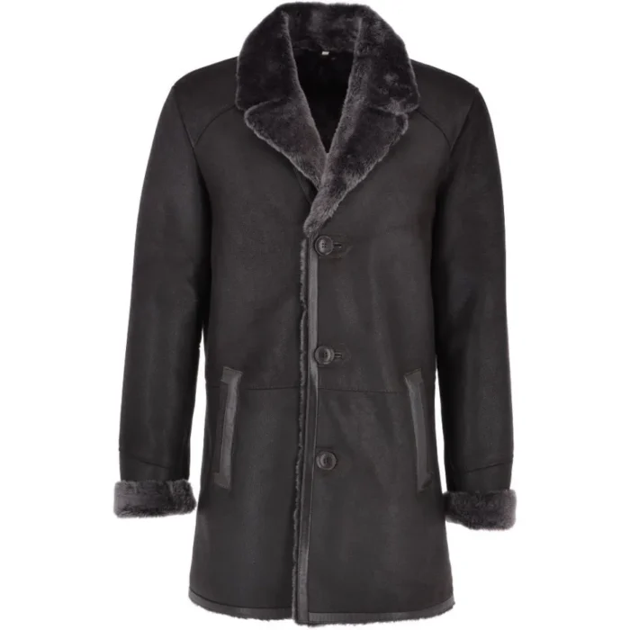 Mens Cod Black Faux Fur Lining Leather Coat