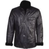 Mens Dark Navy Fur Erect Collar Leather Jacket