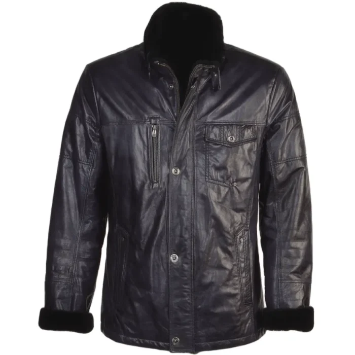 Mens Dark Navy Fur Erect Collar Leather Jacket