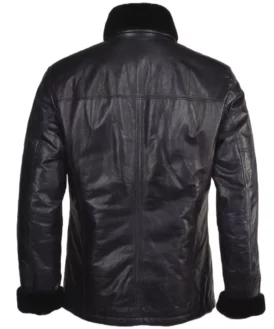 Mens Dark Navy Fur Erect Collar Leather Jacket Back