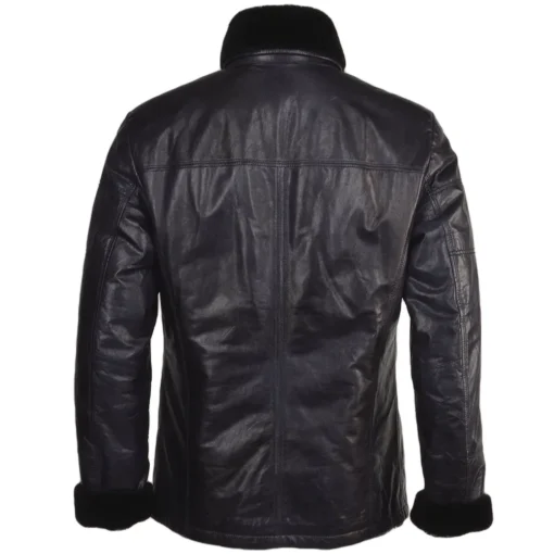 Mens Dark Navy Fur Erect Collar Leather Jacket Back