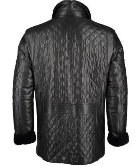 Mens Diamond Quilted Black Fur Lined Leather Coat Back