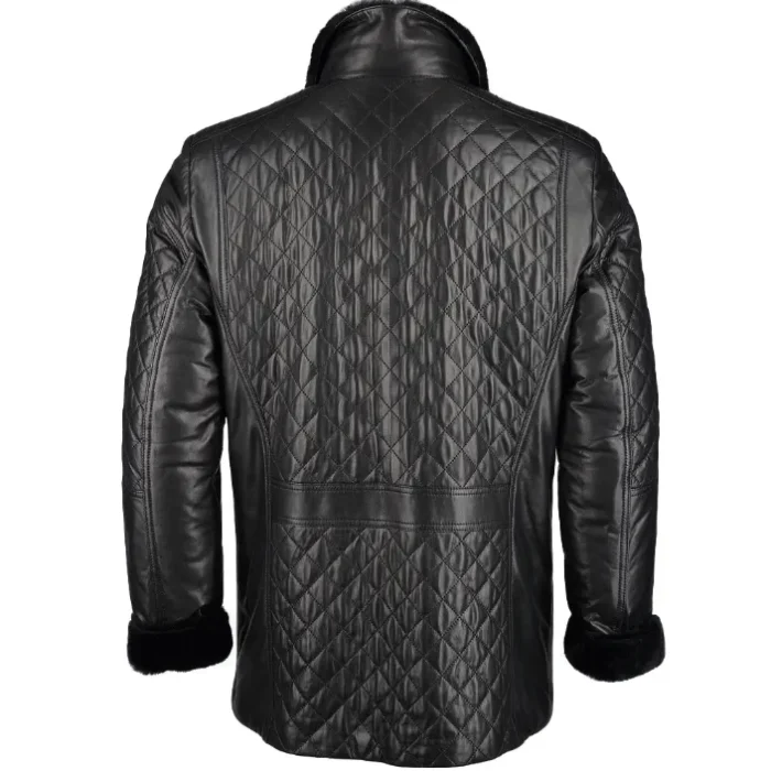 Mens Diamond Quilted Black Fur Lined Leather Coat Back