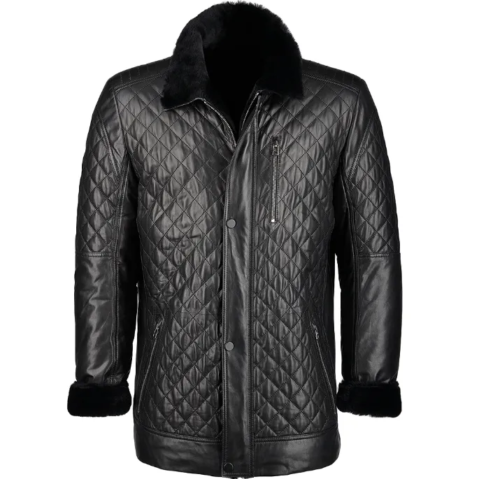 Mens Diamond Quilted Black Fur Lined Leather Coat