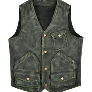 Mens Distressed Green V Neck Leather Vest