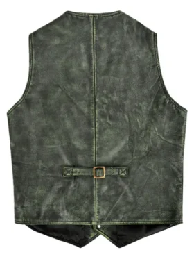 Mens Distressed Green V Neck Leather Vest Back