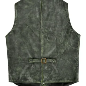 Mens Distressed Green V Neck Leather Vest Back