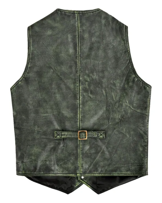 Mens Distressed Green V Neck Leather Vest Back
