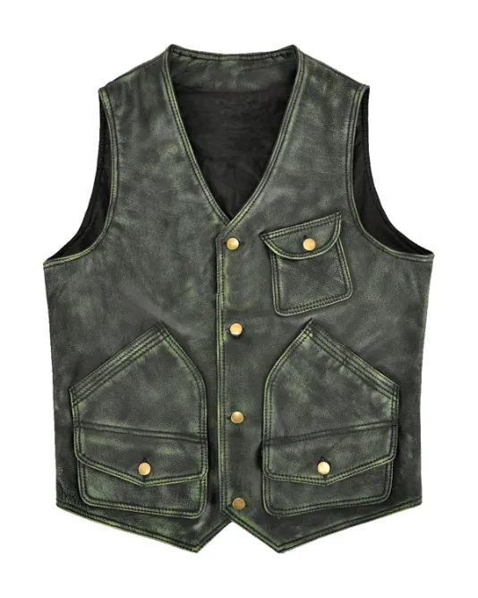 Mens Distressed Green V Neck Leather Vest