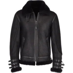Mens-Double-Belted-Collar-Shearling-All-Black-Jacket