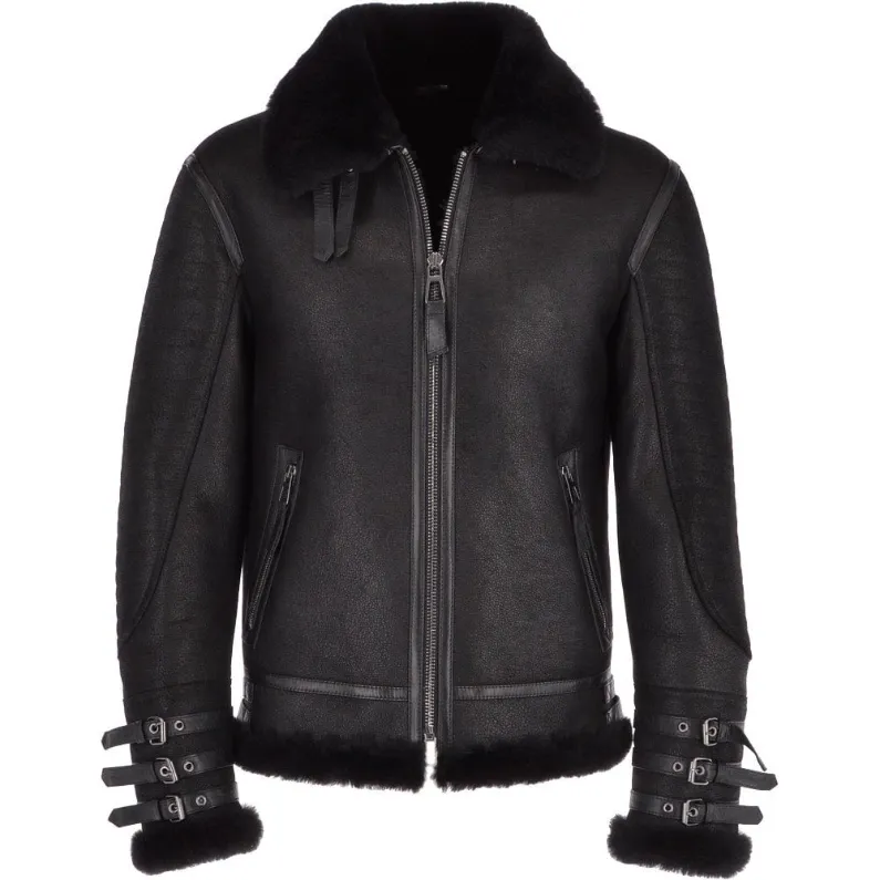 Mens Double Belted Collar Shearling All Black Jacket