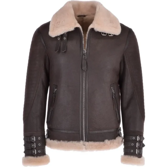 Mens Double Belted Collar Shearling Aviator Brown Jacket