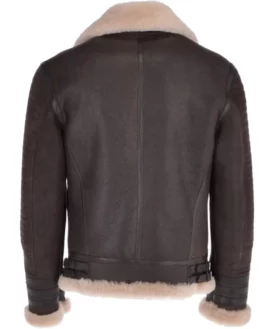 Mens Double Belted Collar Shearling Aviator Brown Jacket Back
