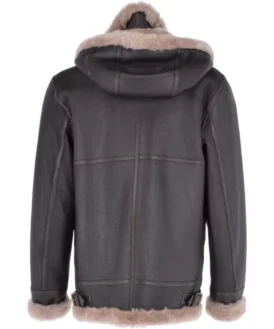 Mens Drawstring Hooded Fur Leather Jacket Back