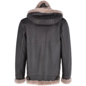 Mens Drawstring Hooded Fur Leather Jacket Back