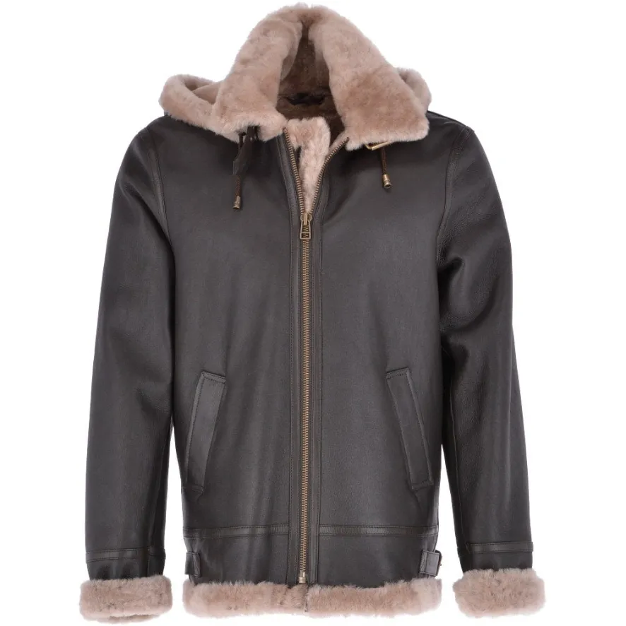 Mens Drawstring Hooded Fur Leather Jacket