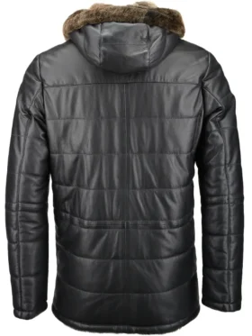 Mens Faux Fur Lined Leather Hooded Coat Back