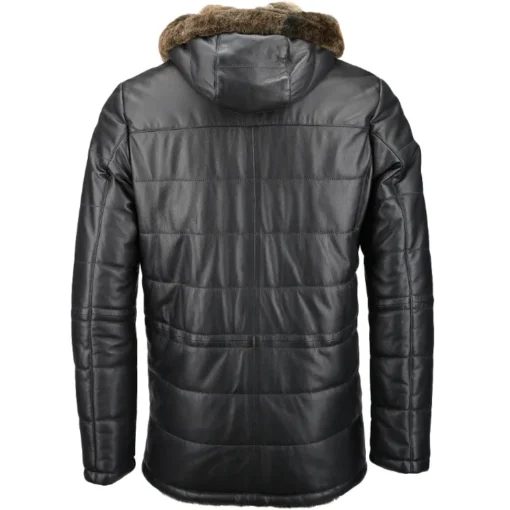 Mens Faux Fur Lined Leather Hooded Coat Back