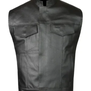 Mens Four Pockets Erect Collar Black Leather Vest