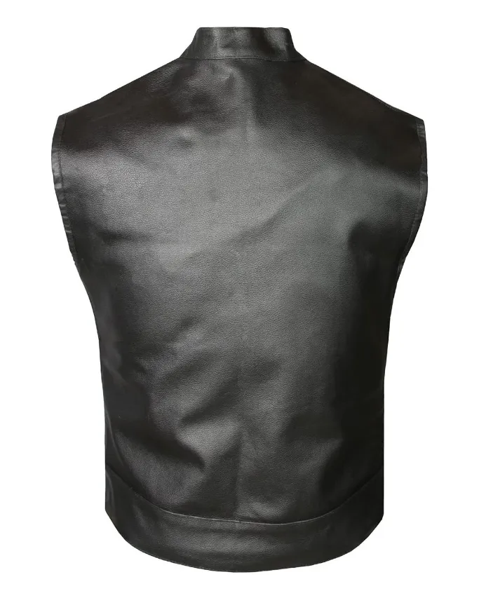 Mens Four Pockets Erect Collar Black Leather Vest Back