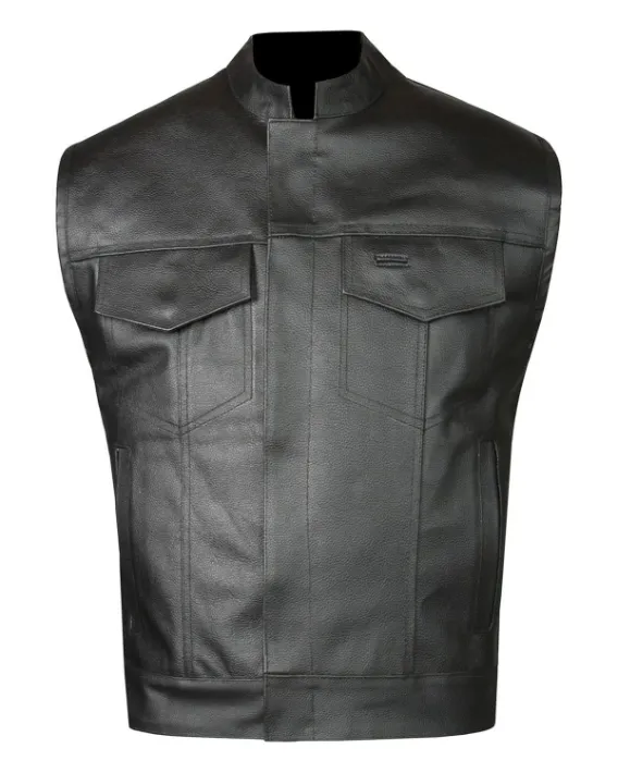 Mens Four Pockets Erect Collar Black Leather Vest