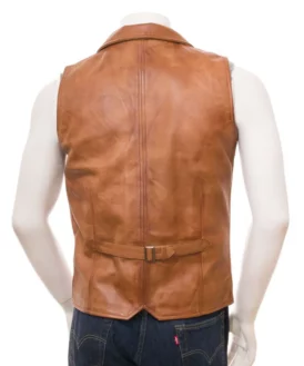 Mens Lapel Style Collar Tan Brown Leather Vest Back