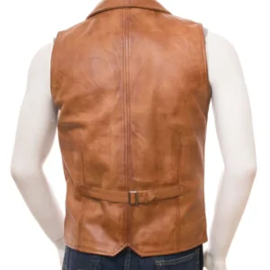Mens Lapel Style Collar Tan Brown Leather Vest Back