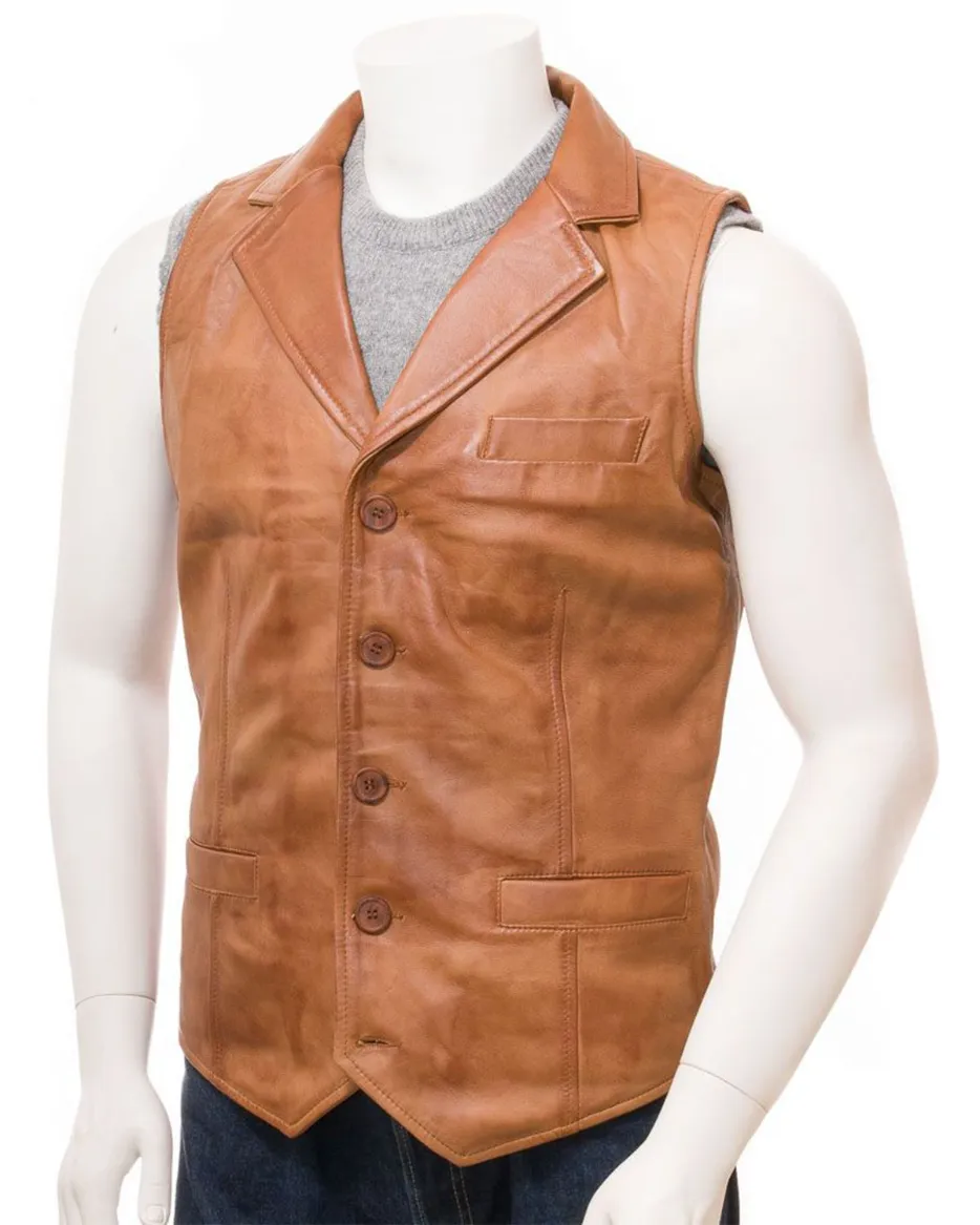 Mens Lapel Style Collar Tan Brown Leather Vest