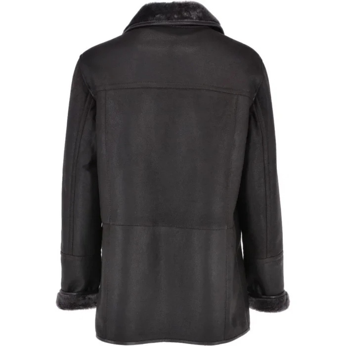 Mens Mine Shaft Black Fur Lined Leather Coat Back