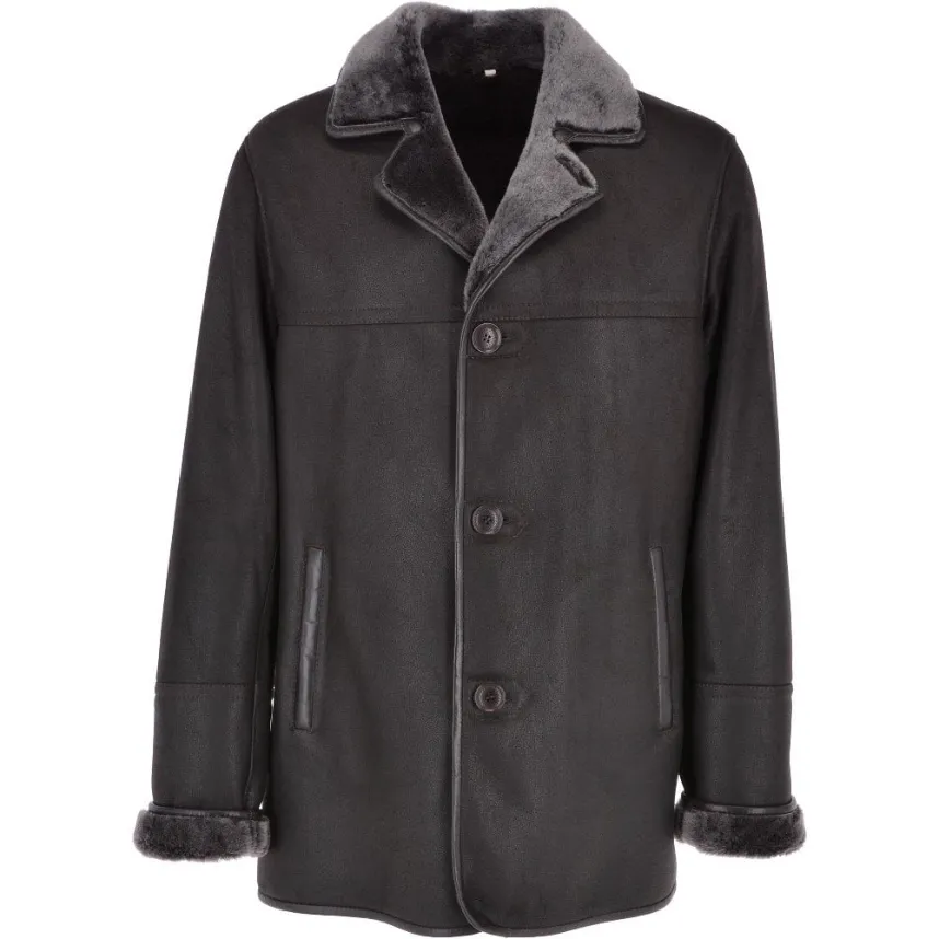 Mens Mine Shaft Black Fur Lined Leather Coat