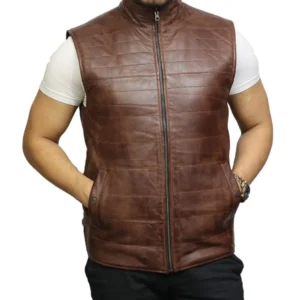 Mens-Padded-Erect-Collar-Brown-Leather-Vest