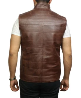 Mens Padded Erect Collar Brown Leather Vest Back