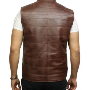 Mens Padded Erect Collar Brown Leather Vest Back