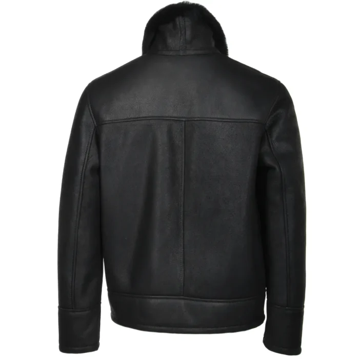 Mens Plain All Black Aviator Shearling Leather Jacket Back