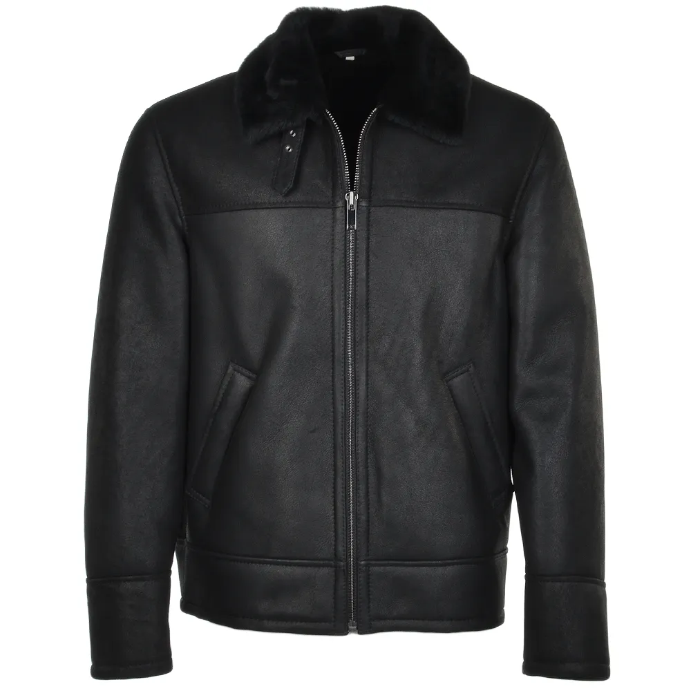 Mens Plain All Black Aviator Shearling Leather Jacket