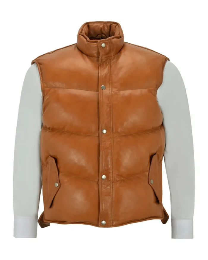 Mens Puffer Padded Brown Genuine Leather Vest