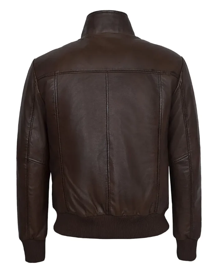 Mens Quilted Chest Coffee Brown Leather Bomber Jacket Back