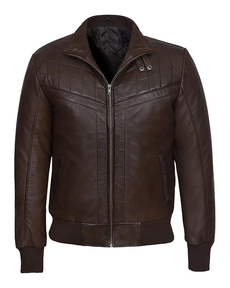 Mens Quilted Chest Coffee Brown Leather Bomber Jacket