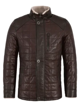 Mens Rectangle Quilted Dark Brown Shearling Leather Jacket
