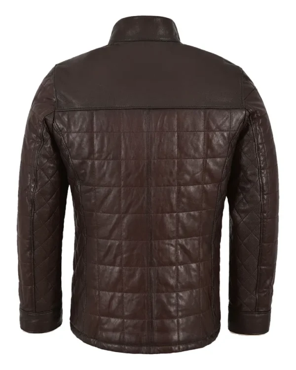 Mens Rectangle Quilted Dark Brown Shearling Leather Jacket Back