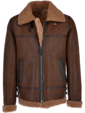 Mens Saddle Brown Shearling Leather B3 Bomber Jacket
