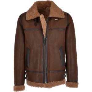 Mens Saddle Brown Shearling Leather B3 Bomber Jacket